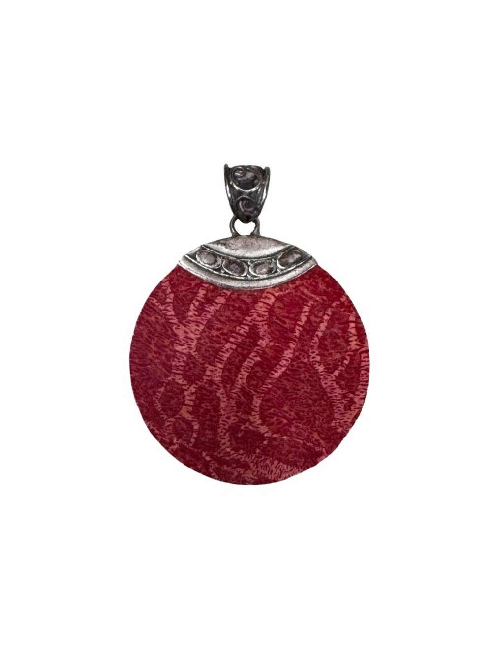 Sterling Silver Red Coral Pendant Ornate Bail Round Natural Stone Jewelry 925 1.